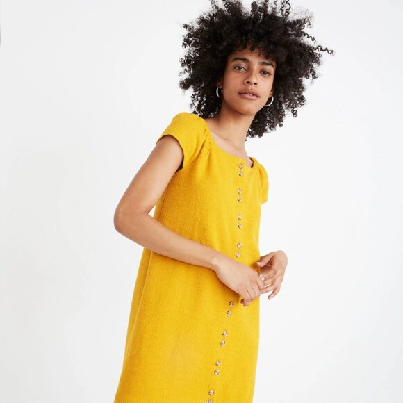 Madewell Texture & Thread Mustard Yellow Button Front Shift Dress Cap Sleeves L - Picture 3 of 8
